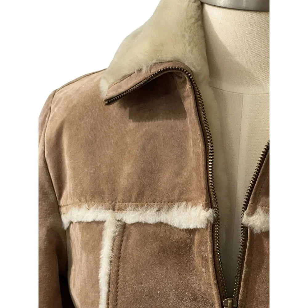 Wilsons Leather‎ Maxima Tan Suede Faux Shearling Fur Trim Zip Jacket Medium